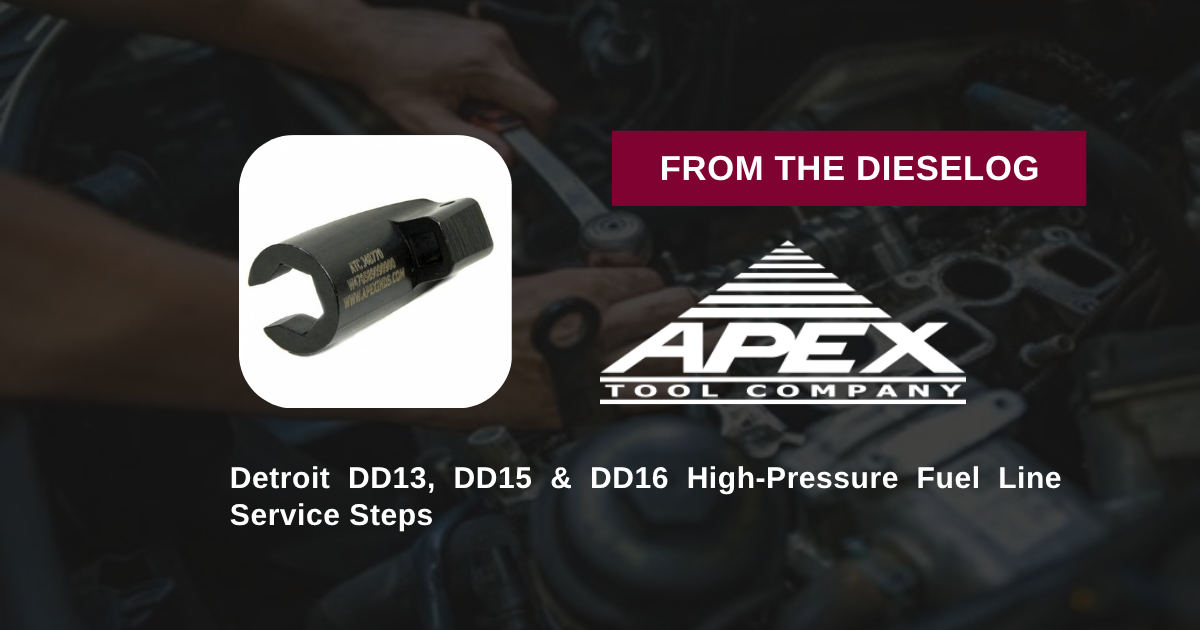 Step-by-step close up layout of 19mm slotted fuel line socket seated on a Detroit DD15 common rail line nut